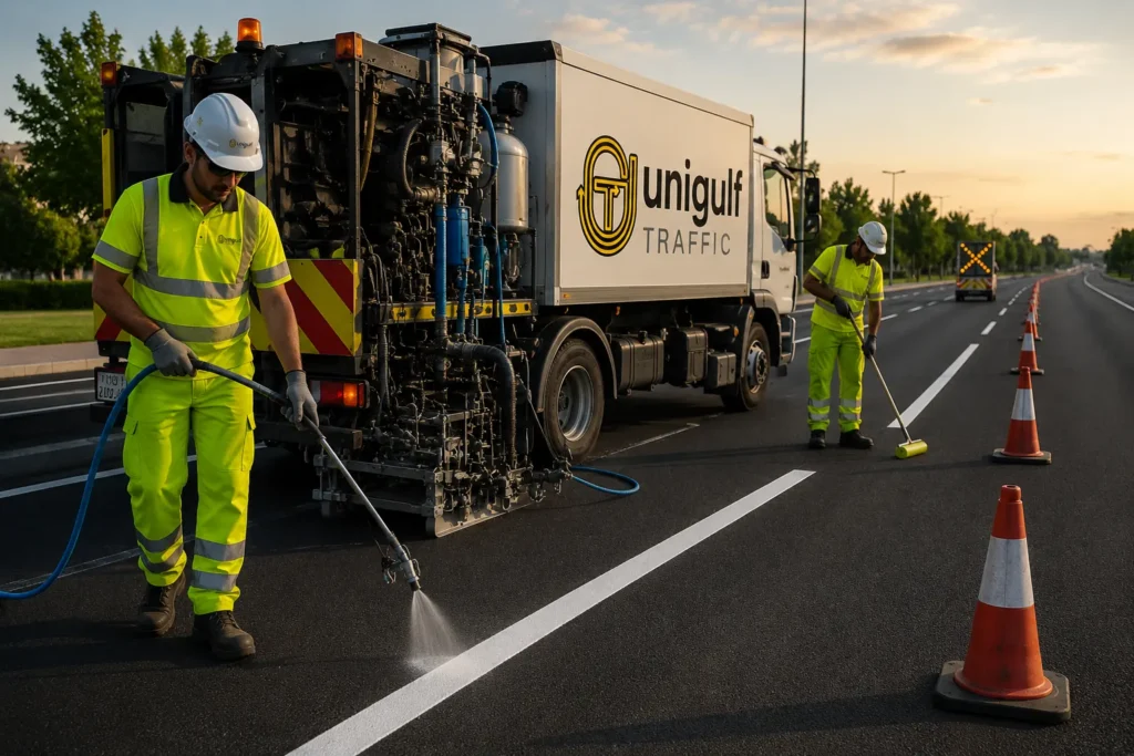 Acrylic cold paint road marking applied with a line striping machine on an internal road in Qatar