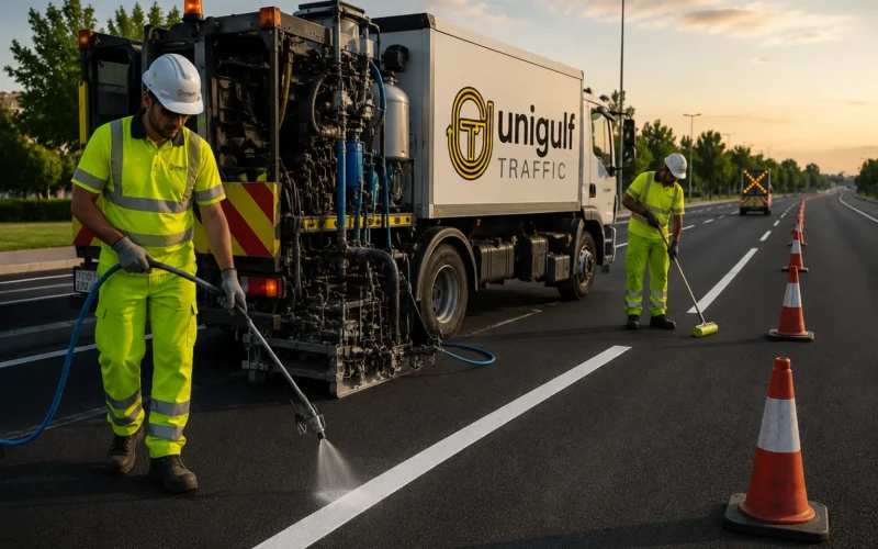 Acrylic cold paint road marking applied with a line striping machine on an internal road in Qatar