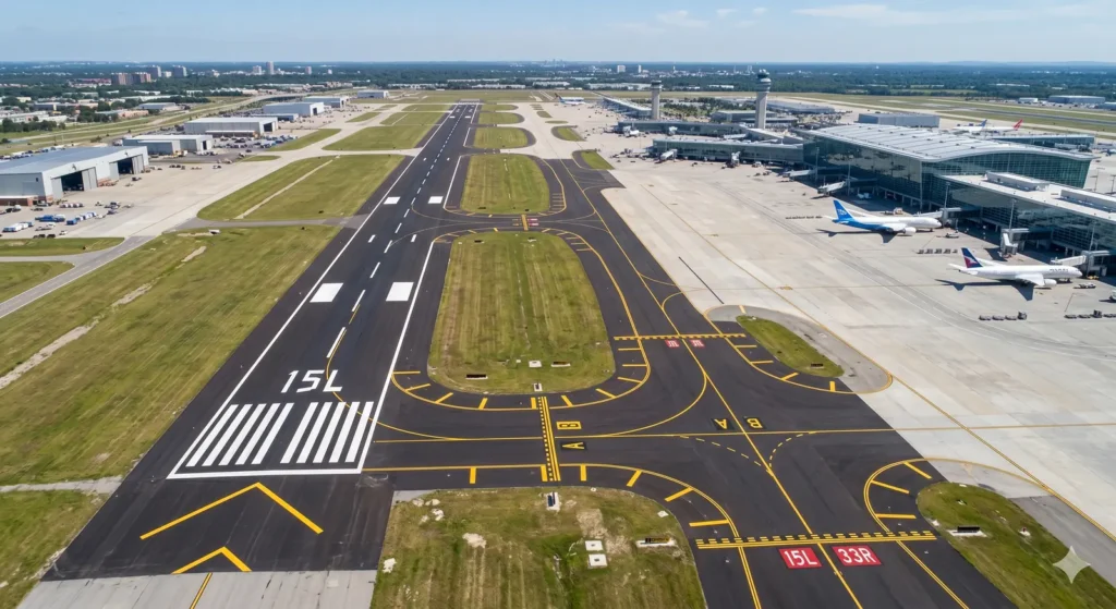 Aerial view of runway threshold, centreline and taxiway markings at an airport in Qatar