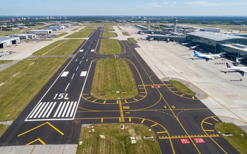 Aerial view of runway threshold, centreline and taxiway markings at an airport in Qatar