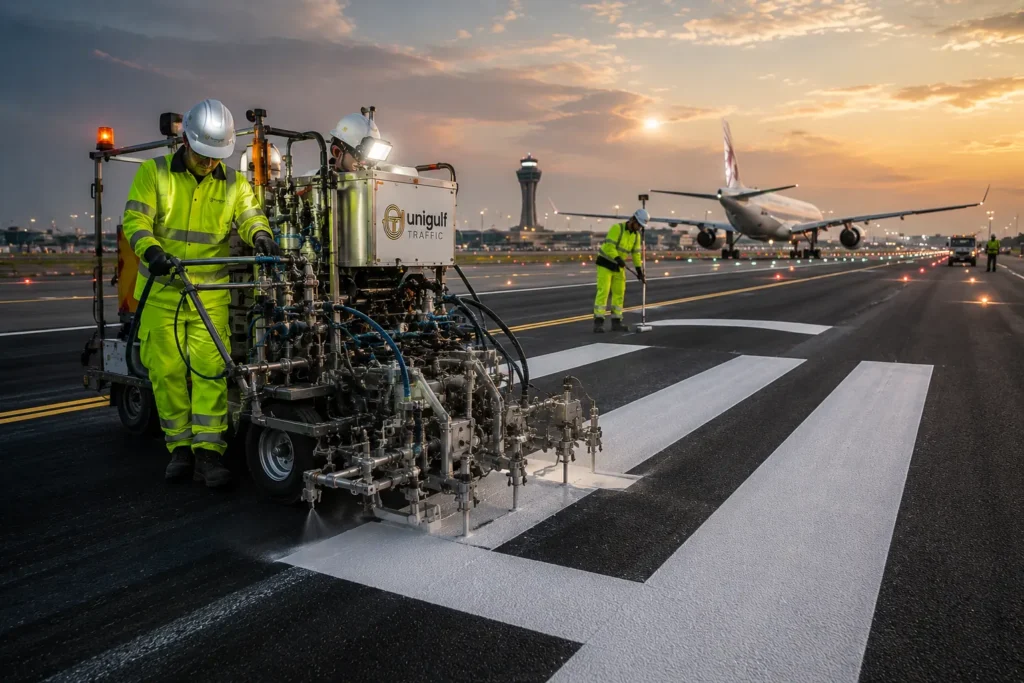 Airport runway and taxiway marking crew applying threshold markings at an airfield in Qatar
