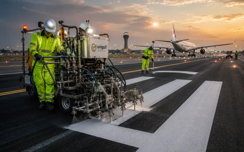 Airport runway and taxiway marking crew applying threshold markings at an airfield in Qatar