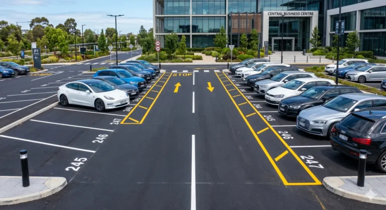 Car park line marking with numbered bays and yellow hatching in Qatar