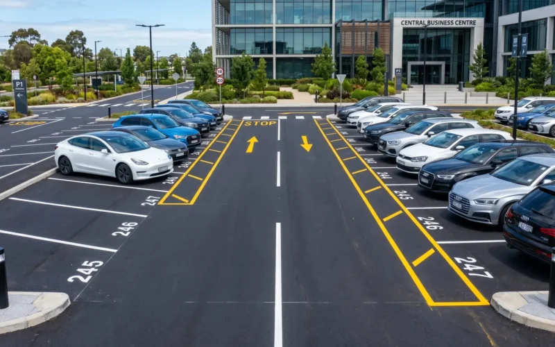 Car park line marking with numbered bays and yellow hatching in Qatar