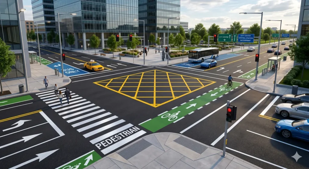 Coloured MMA cold plastic box junction and cycle lane marking at a Doha intersection