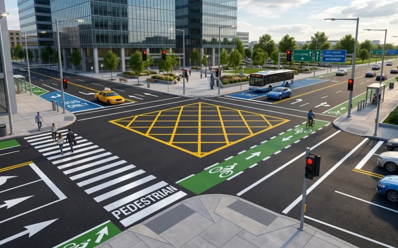 Coloured MMA cold plastic box junction and cycle lane marking at a Doha intersection