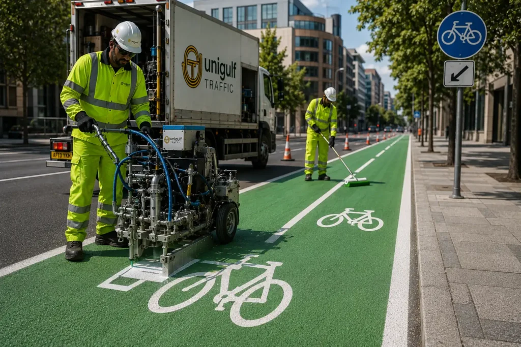 Green cycle track road markings with bicycle symbol being applied in Qatar