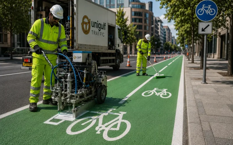 Green cycle track road markings with bicycle symbol being applied in Qatar