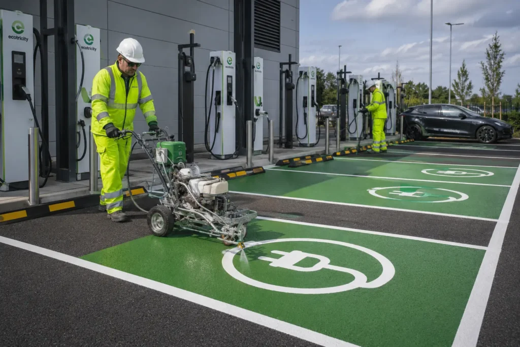 Green EV charging bay marking with electric vehicle symbol in a Qatar car park