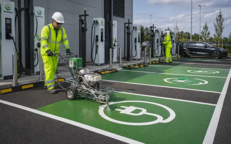 Green EV charging bay marking with electric vehicle symbol in a Qatar car park