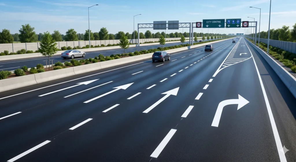 White thermoplastic lane lines and edge lines on a highway in Qatar