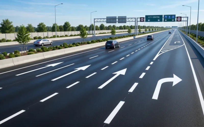 White thermoplastic lane lines and edge lines on a highway in Qatar