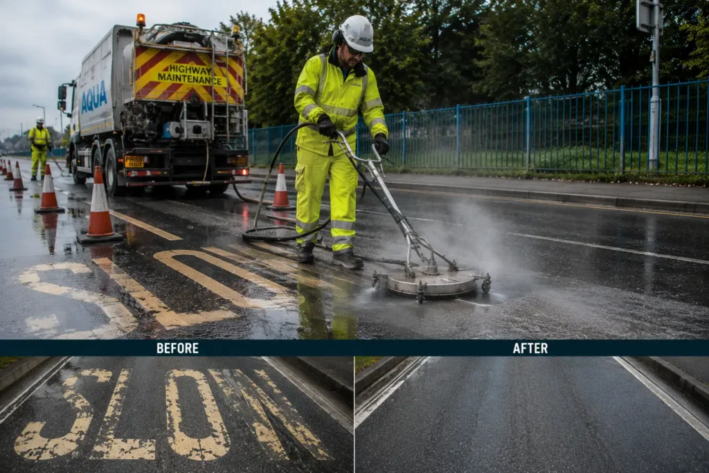 High-pressure water blasting line marking removal on a road surface in Qatar