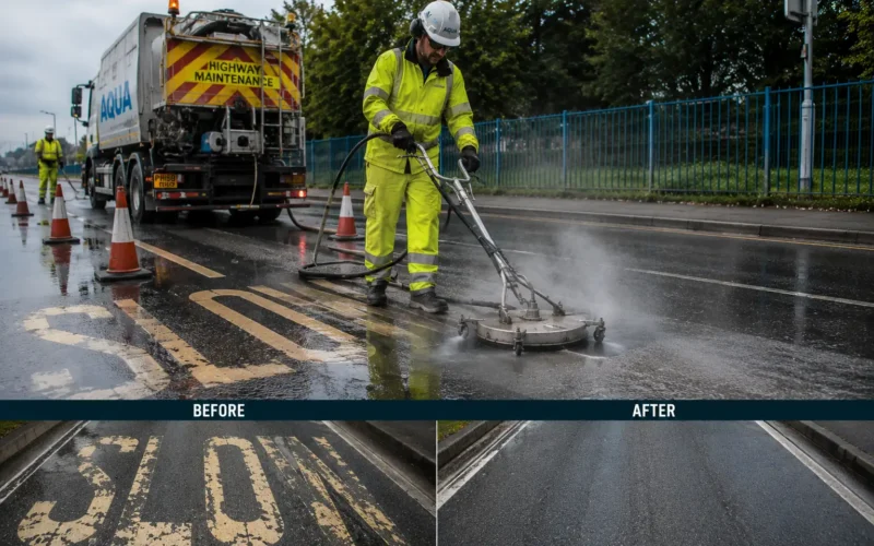 High-pressure water blasting line marking removal on a road surface in Qatar
