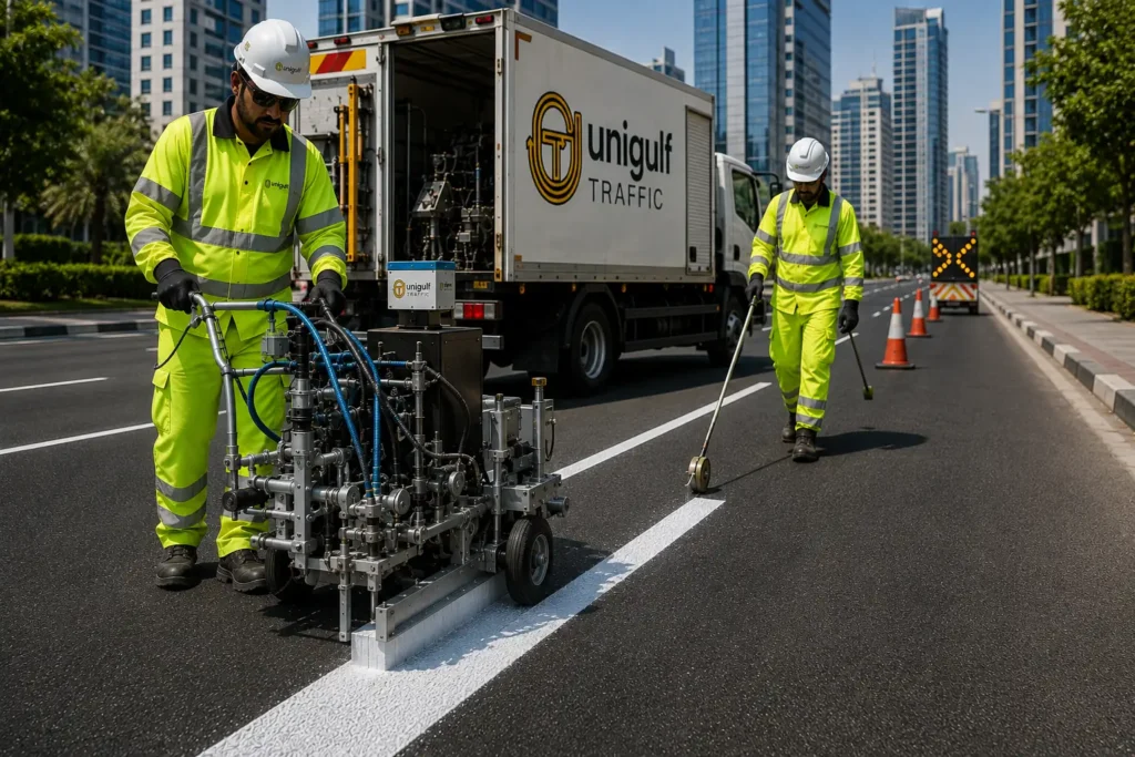 MMA cold plastic road marking applied by hand at a junction in Qatar
