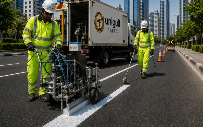 MMA cold plastic road marking applied by hand at a junction in Qatar