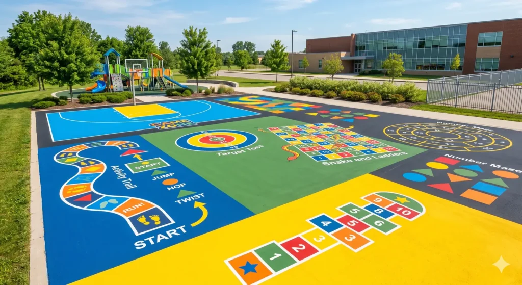 Colourful school playground markings with hopscotch and number grids in Qatar