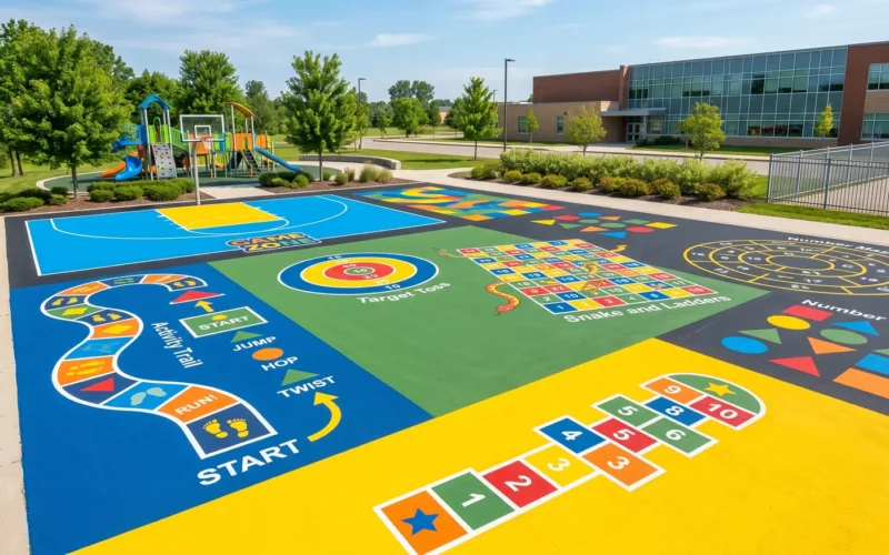 Colourful school playground markings with hopscotch and number grids in Qatar