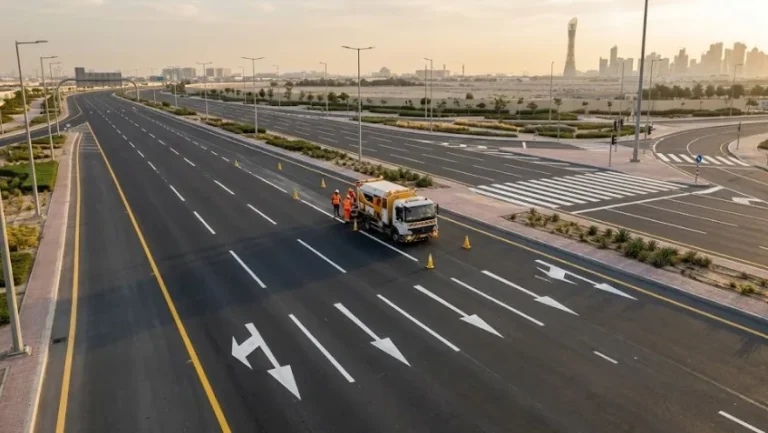 Freshly applied lane lines and directional arrows on a new road in Qatar by UniGulf Traffic