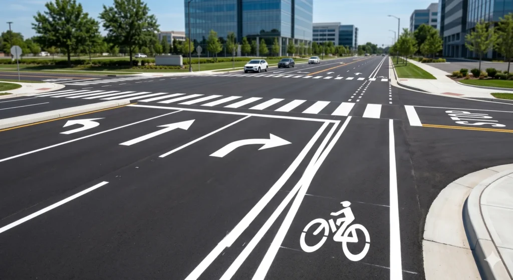 Water-based road marking paint lines and cycle symbols on a Doha road