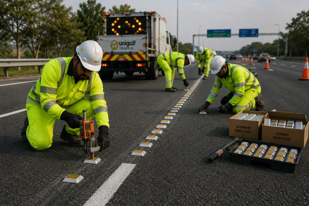 Installation of reflective aluminium road studs on a highway lane line in Qatar