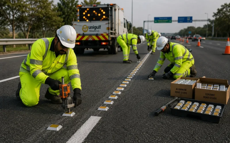 Installation of reflective aluminium road studs on a highway lane line in Qatar