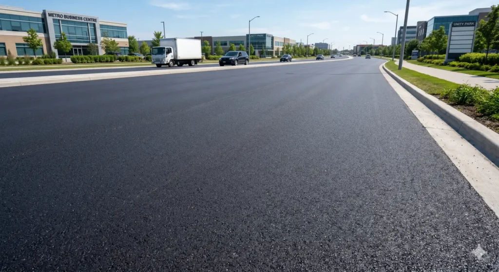 Clean asphalt road surface after line marking removal in Doha