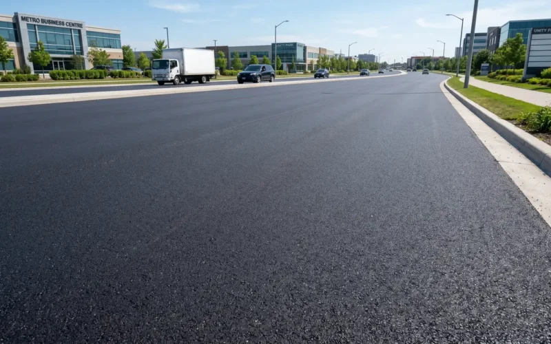 Clean asphalt road surface after line marking removal in Doha