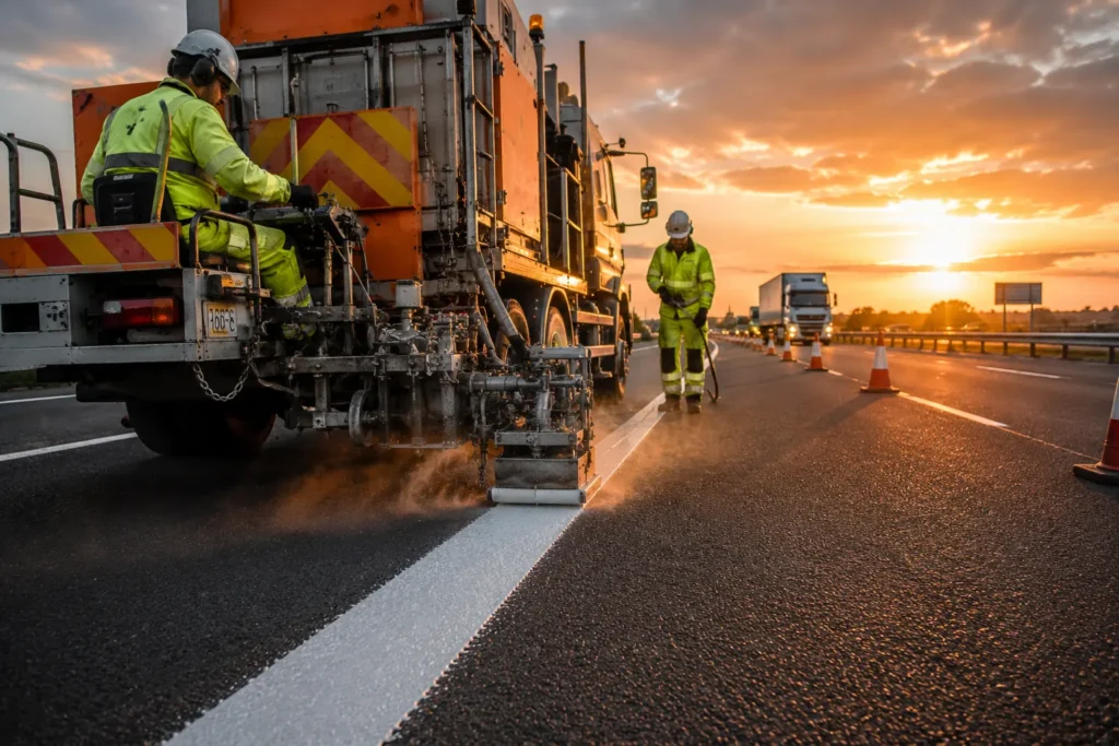 Thermoplastic road marking being applied on a Qatar road with a hot-applied screed machine