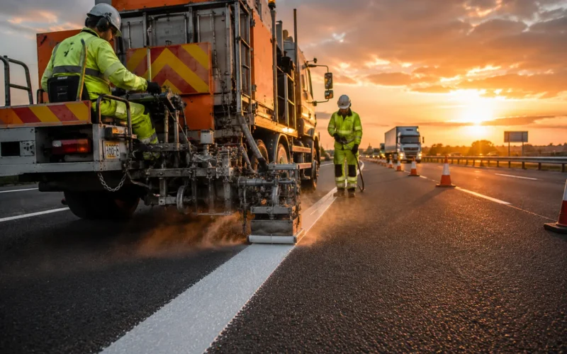 Thermoplastic road marking being applied on a Qatar road with a hot-applied screed machine