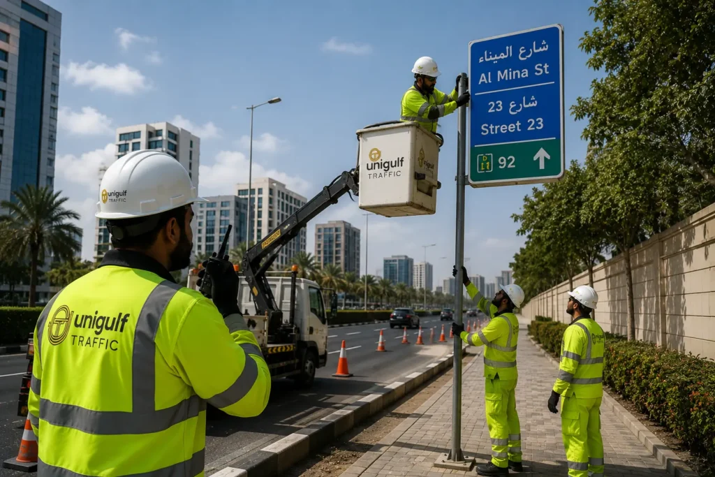 Traffic signage board installation on a road in Qatar by UniGulf Traffic