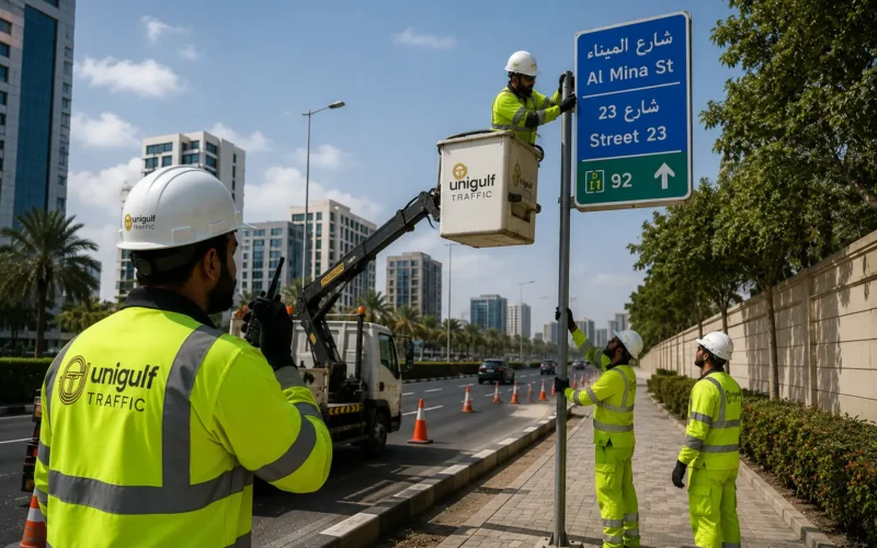 Traffic signage board installation on a road in Qatar by UniGulf Traffic
