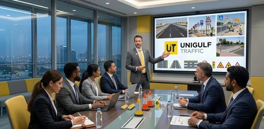 UniGulf Traffic team in a project meeting at the Doha office