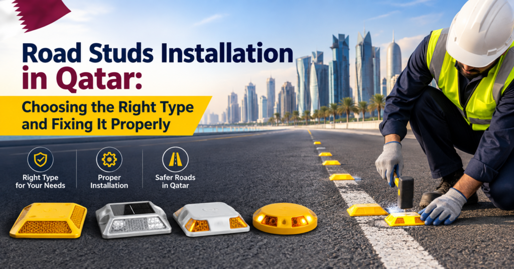 Road studs installation in Qatar showing a worker fixing reflective road studs on a roadway