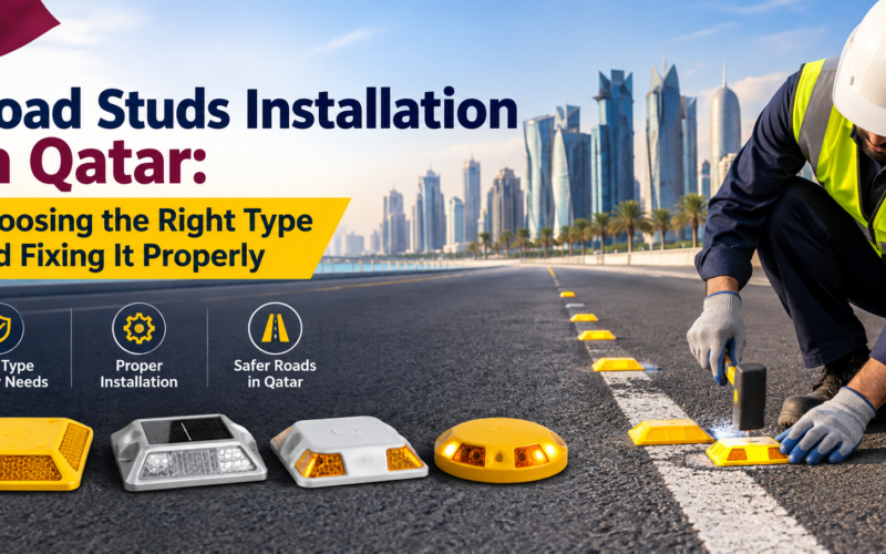 Road studs installation in Qatar showing a worker fixing reflective road studs on a roadway